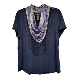 Style & Co Navy Blue Top with Pretty Fringe and Scarf Detail - Size M